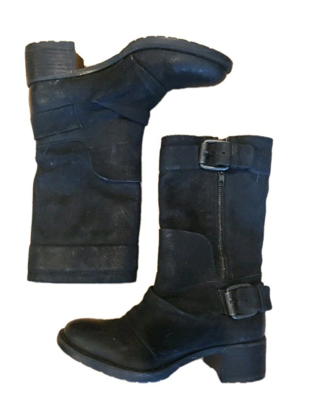 Vera Wang Lavender Boots Black Suede Leather Mid Calf  Buckle Zip Sz 6.5 Biker